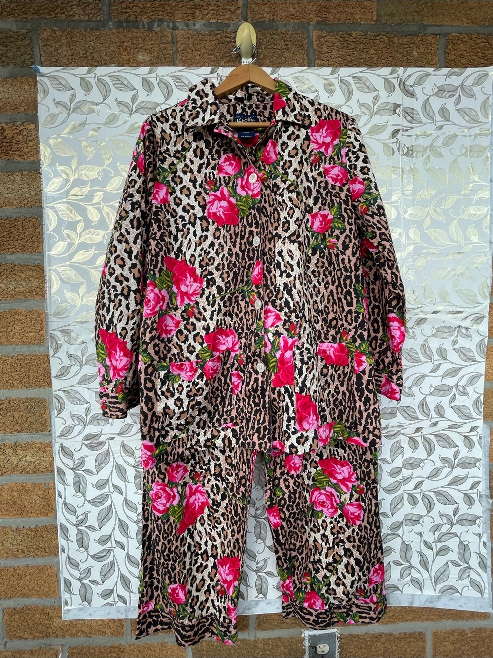 Nick & Nora Leopard Rose Pajama Set Large Whimsigoth 100% Cotton PJ Lounge